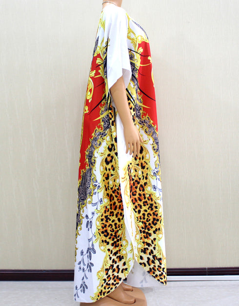Leopard Print African Dress with Gold Ornaments and Half Sleeves